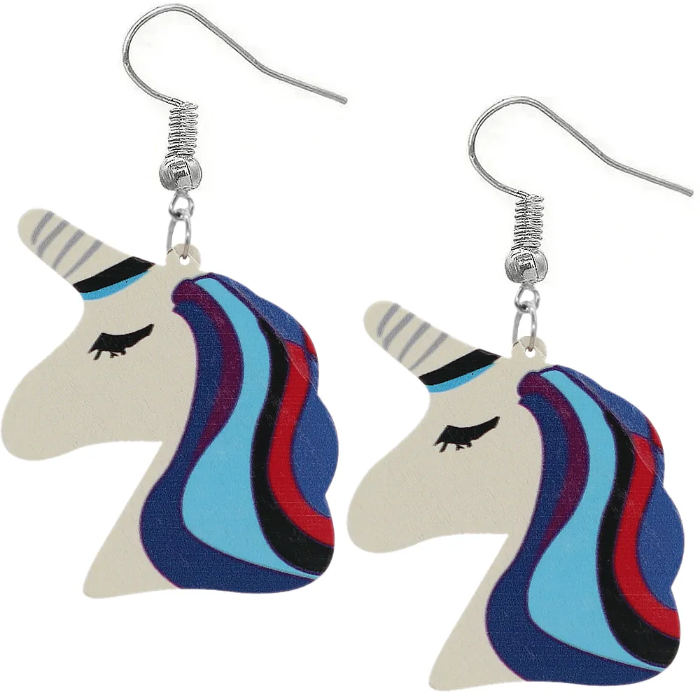 Blue Unicorn Rainbow Hair Wooden Earrings