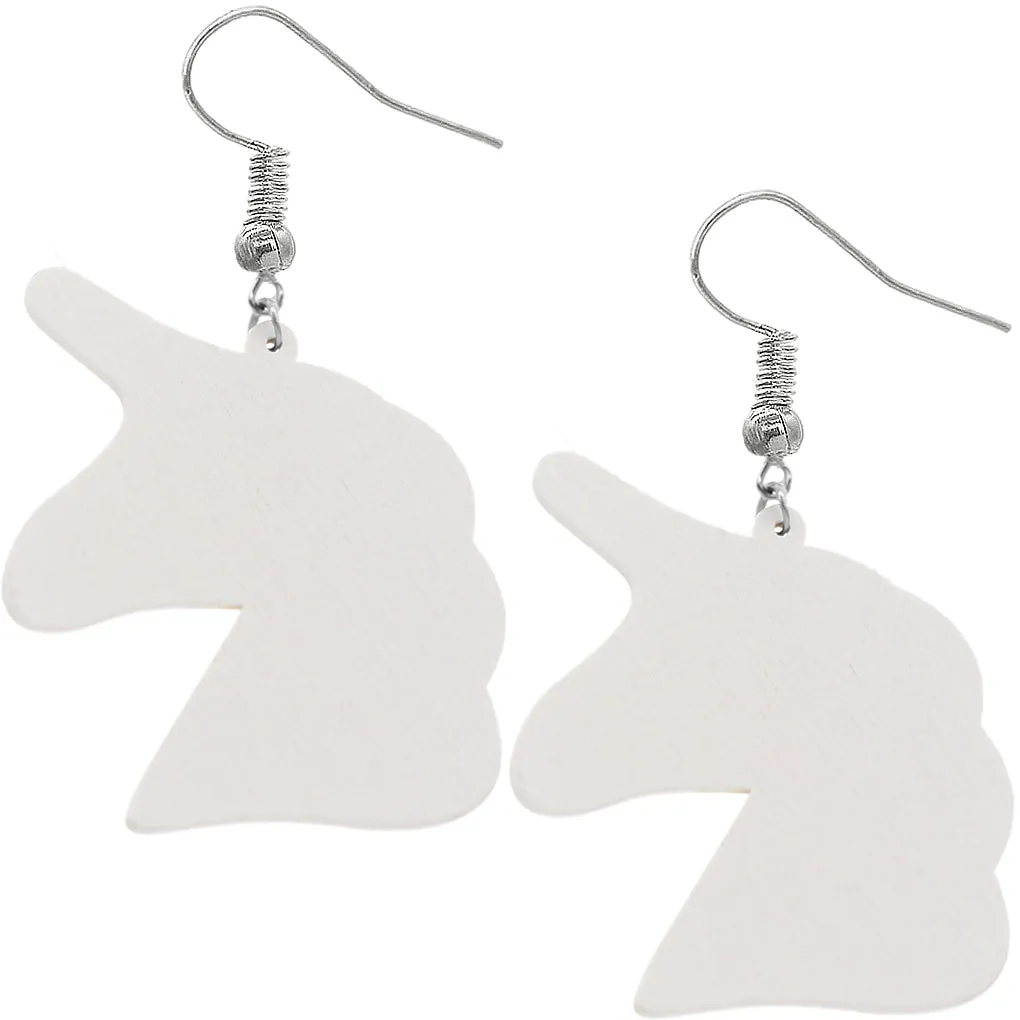 Blue Unicorn Rainbow Hair Wooden Earrings