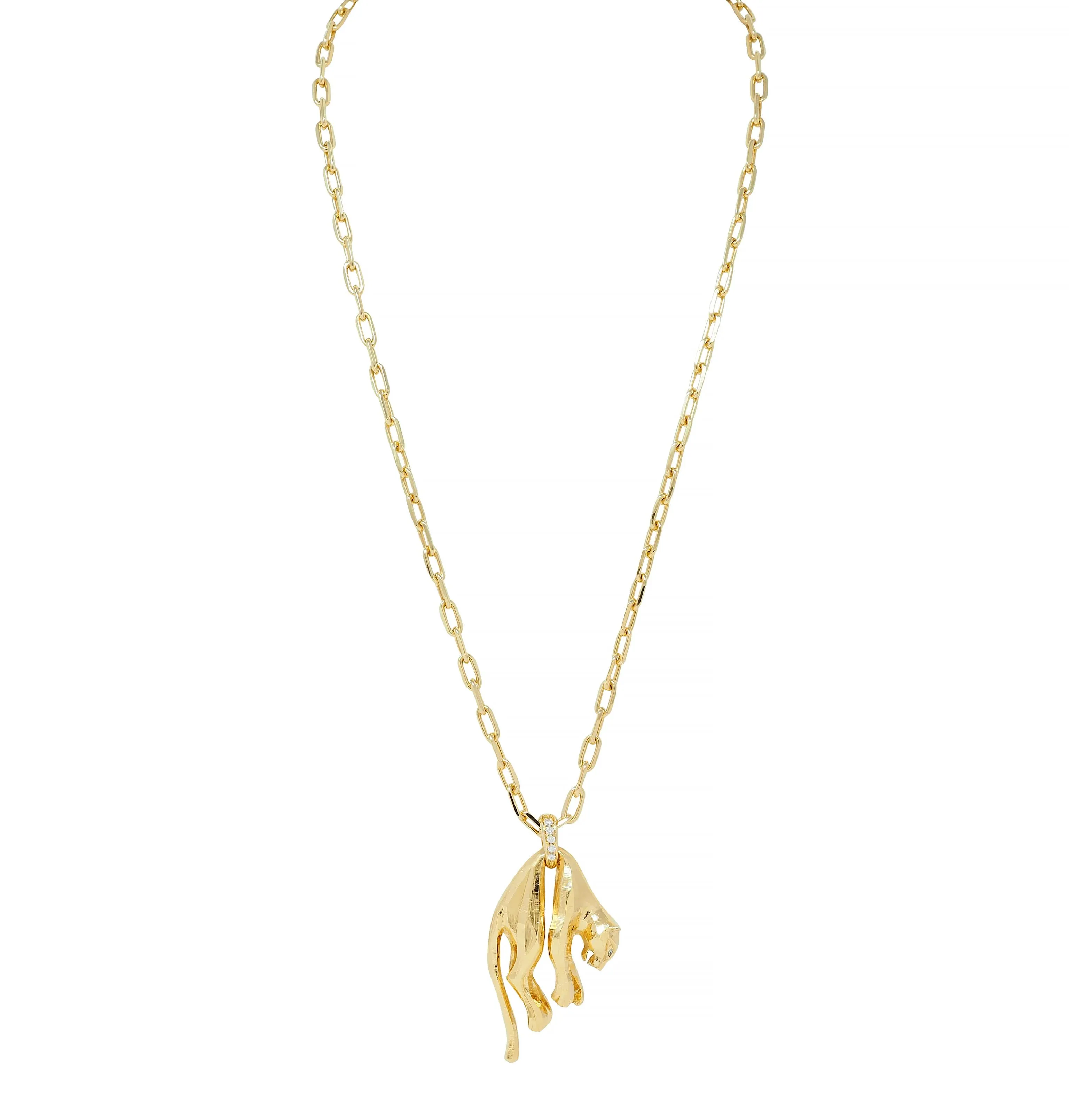 Cartier Vintage Diamond 18 Karat Yellow Gold Hanging Panthere Pendant Necklace