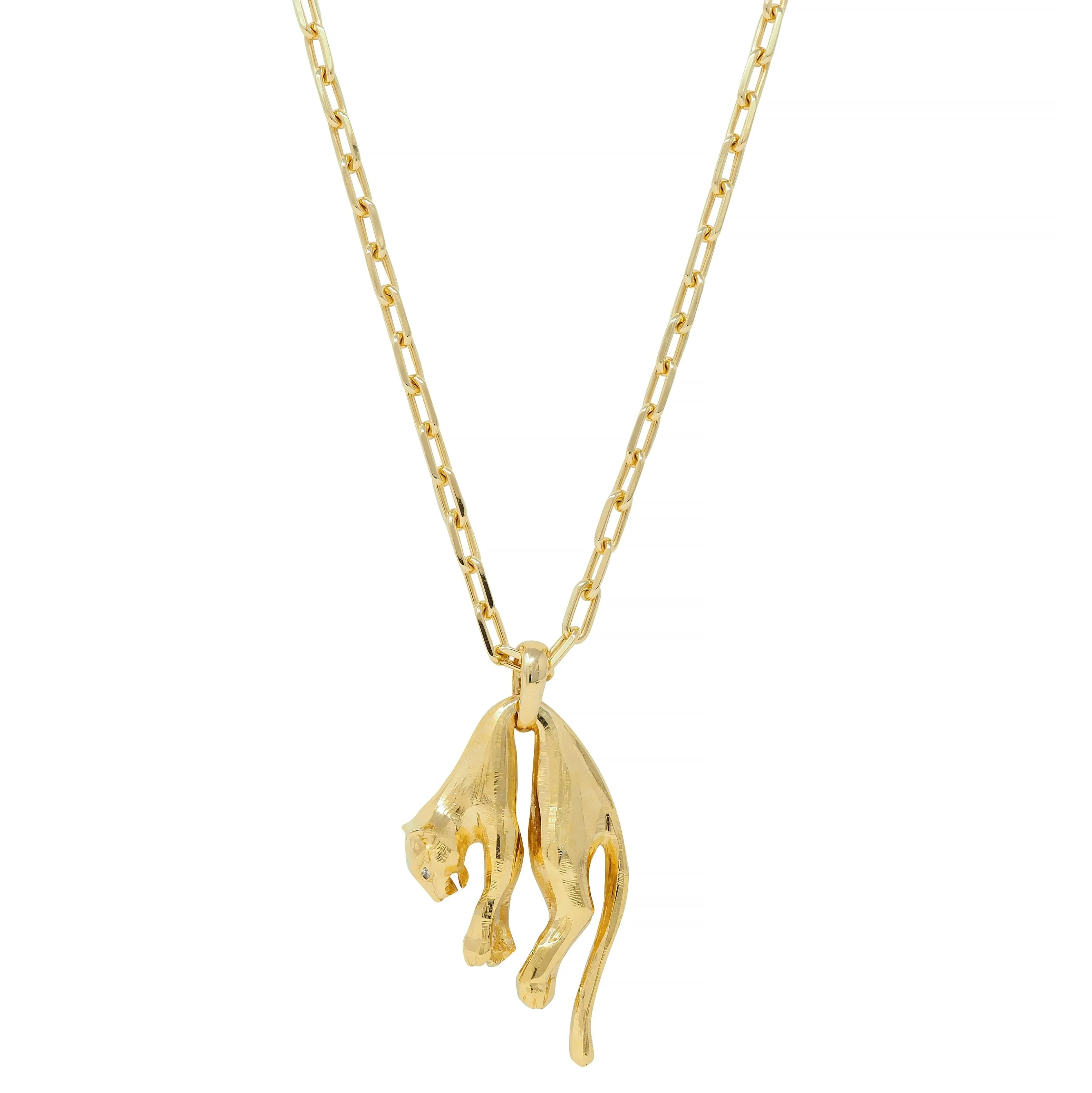 Cartier Vintage Diamond 18 Karat Yellow Gold Hanging Panthere Pendant Necklace