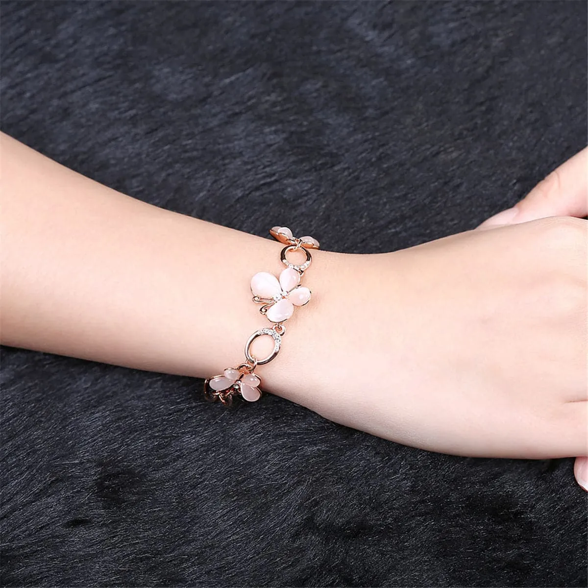 Cats Eye & Cubic Zirconia 18K Rose Gold-Plated Butterfly Bracelet