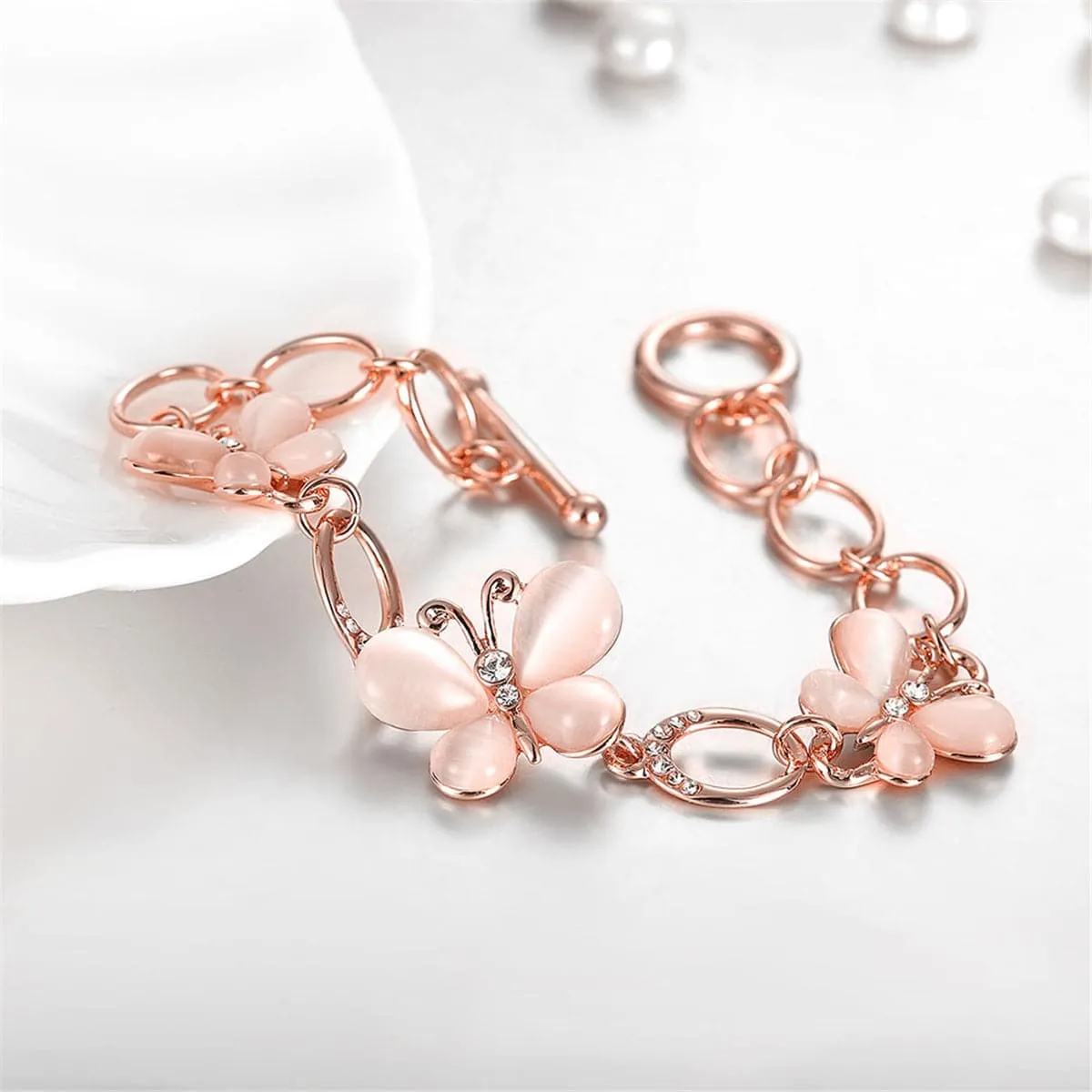 Cats Eye & Cubic Zirconia 18K Rose Gold-Plated Butterfly Bracelet