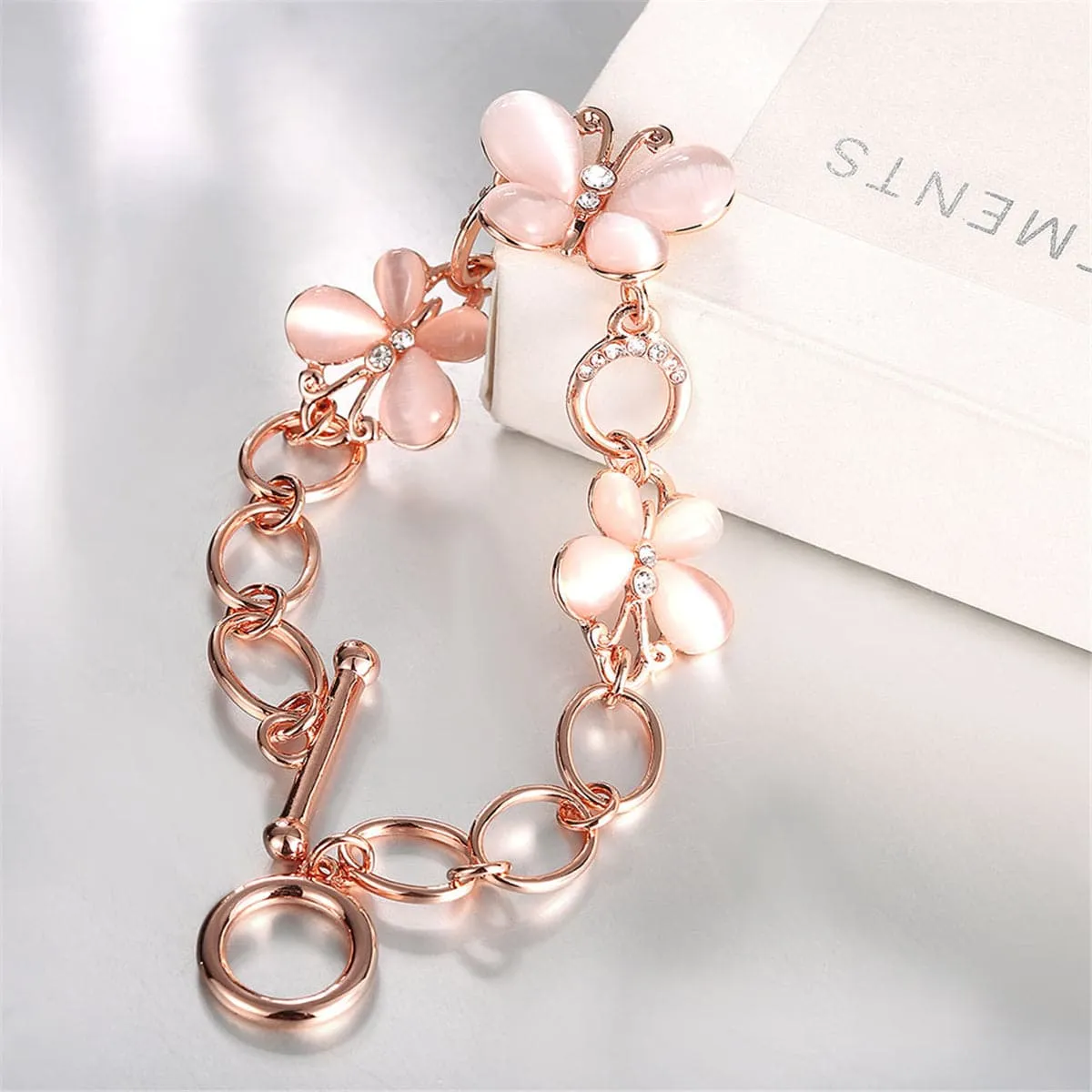 Cats Eye & Cubic Zirconia 18K Rose Gold-Plated Butterfly Bracelet