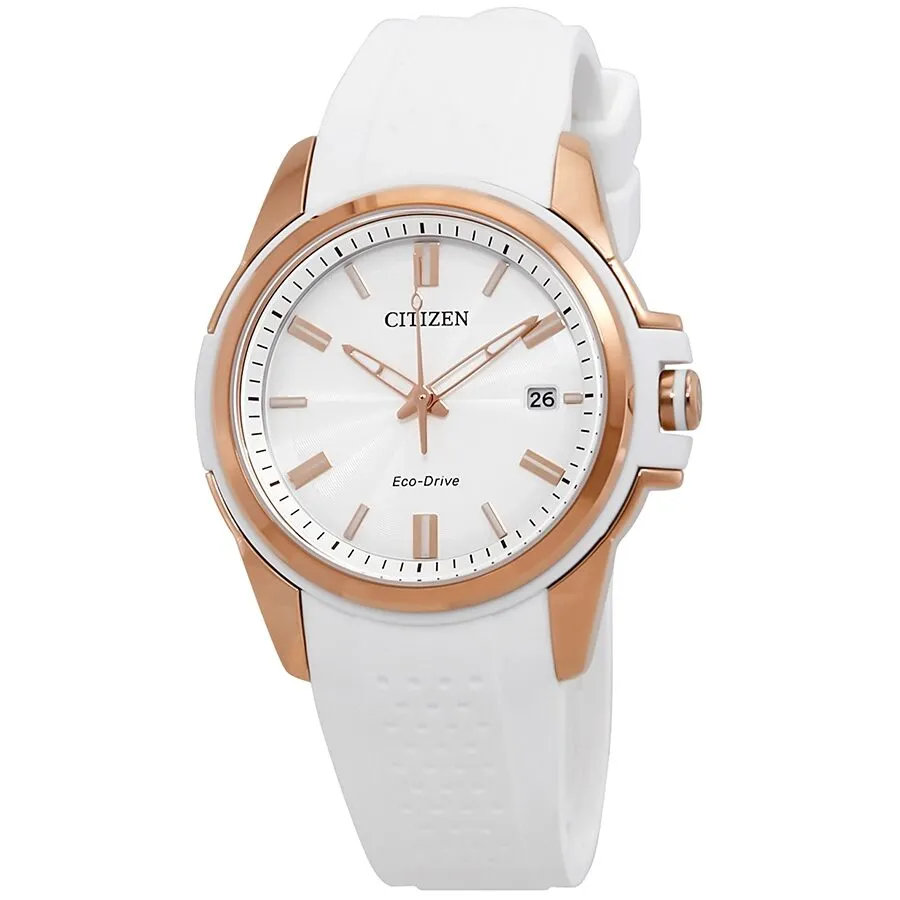 Citizen AR Eco-Drive Silver Dial Ladies White Silicone Watch FE6136-01A