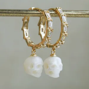 Classic Zircon Pearl Skull Drop Huggie Hoop Earrings