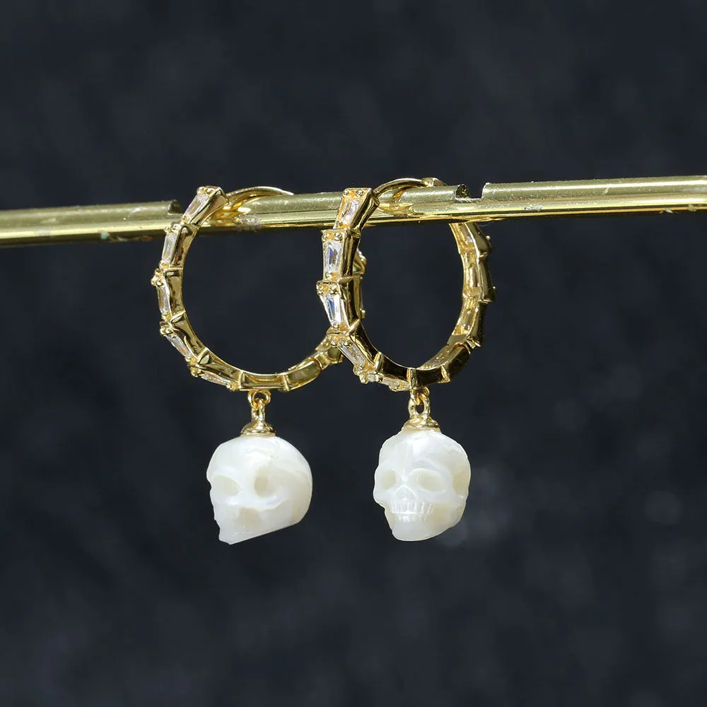 Classic Zircon Pearl Skull Drop Huggie Hoop Earrings