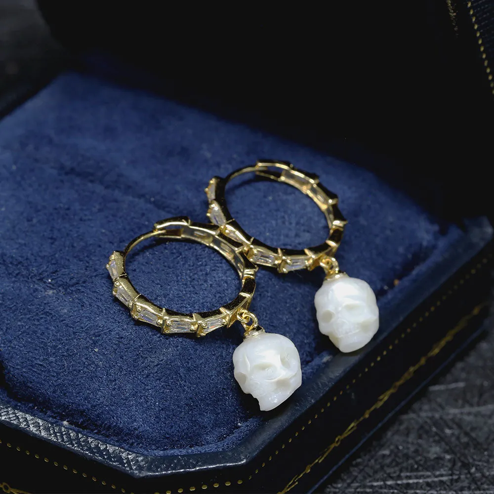 Classic Zircon Pearl Skull Drop Huggie Hoop Earrings