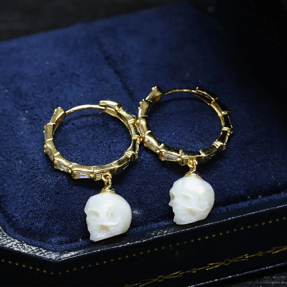 Classic Zircon Pearl Skull Drop Huggie Hoop Earrings