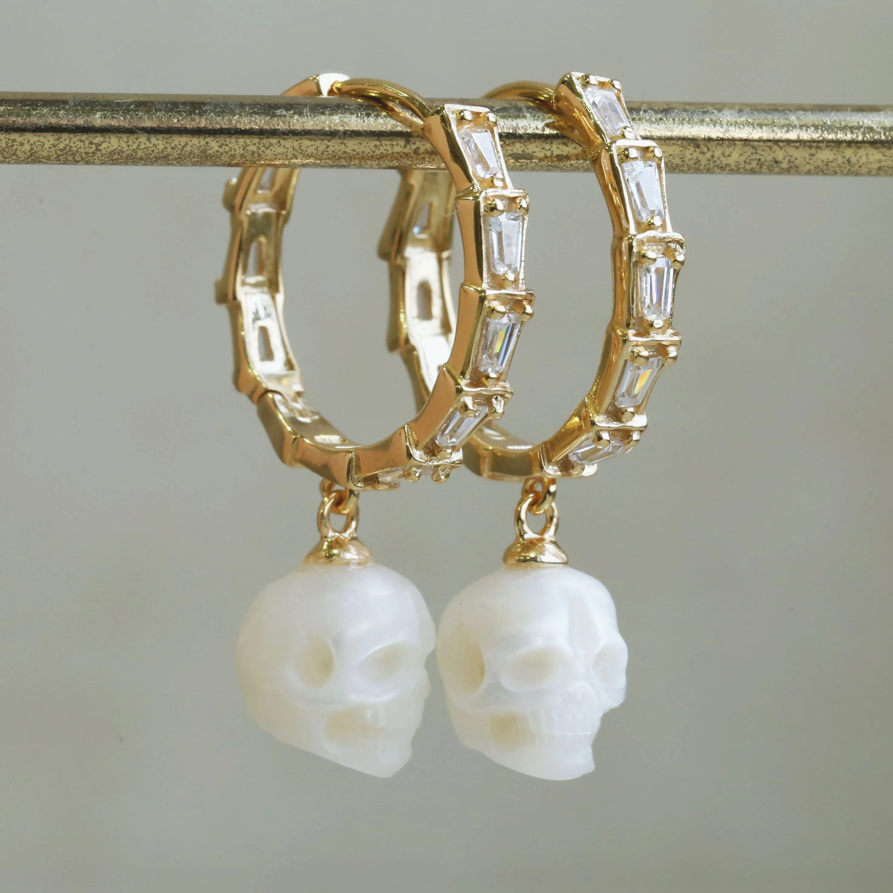 Classic Zircon Pearl Skull Drop Huggie Hoop Earrings