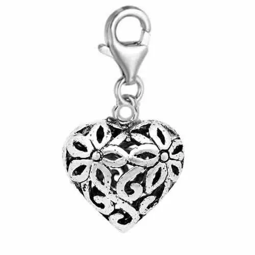 Clip on Hallow Heart Charm Dangle Pendant for European Clip on Charm Jewelry w/ Lobster Clasp