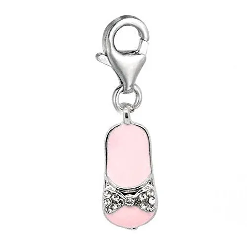 Clip on Pink Slipper/shoe Dangle Charm Pendant for European Clip on Charm Jewelry w/ Lobster Clasp