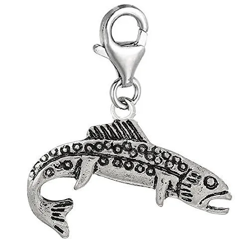 Clip on Salmon Fish Charm Dangle Pendant for European Clip on Charm Jewelry w/ Lobster Clasp