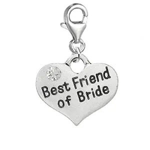 Clip on Wedding Best man of the Bride Heart w/ Clear  Crystals Charm Pendant for European Clip on Jewelry w/ Lobster Clasp