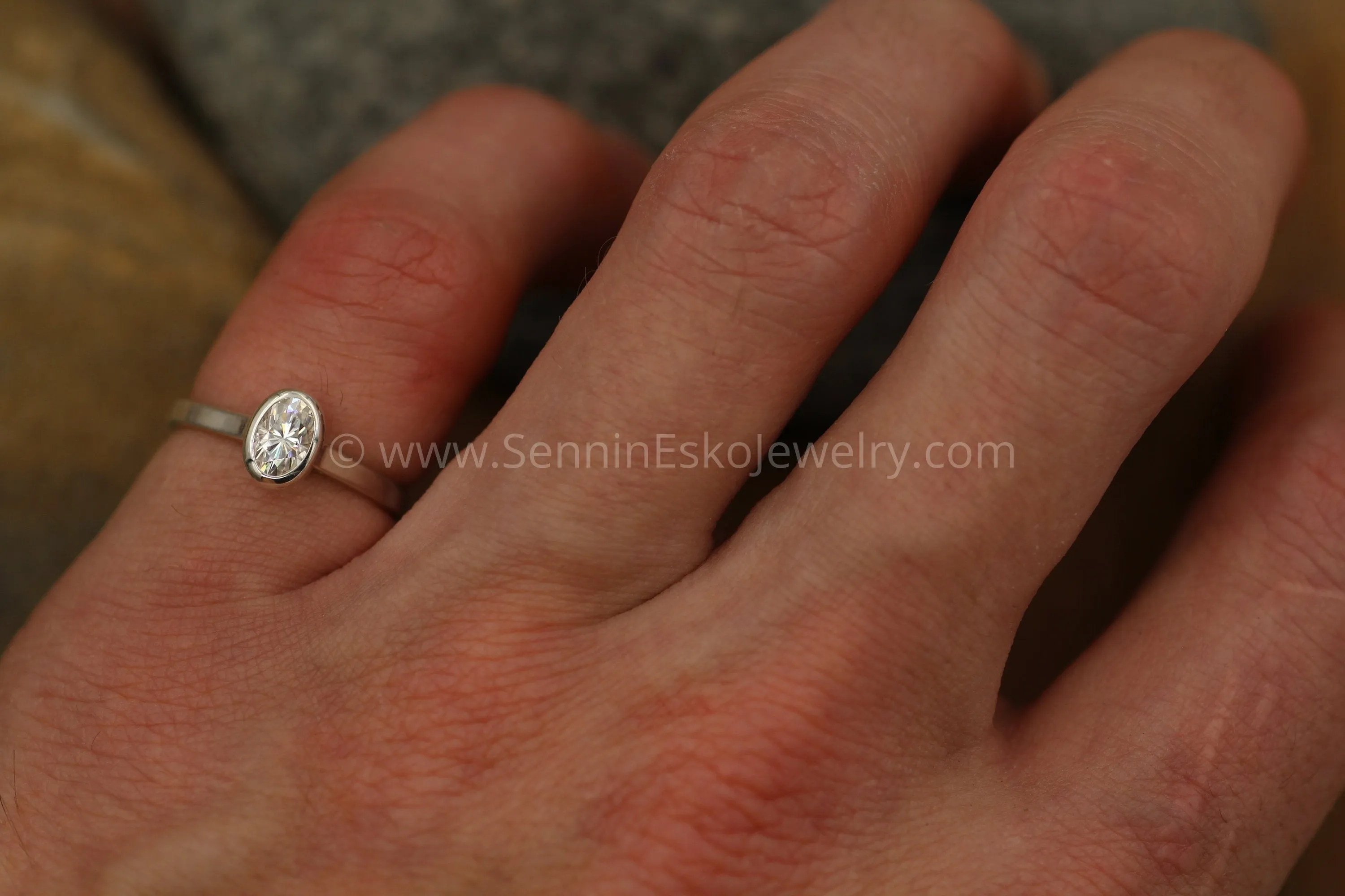Colorless Moissanite 4x6mm Oval Peekaboo Bezel Solitaire Ring -  Forever One Moissanite - Glossy Moissanite Ring - Moissanite Solitaire