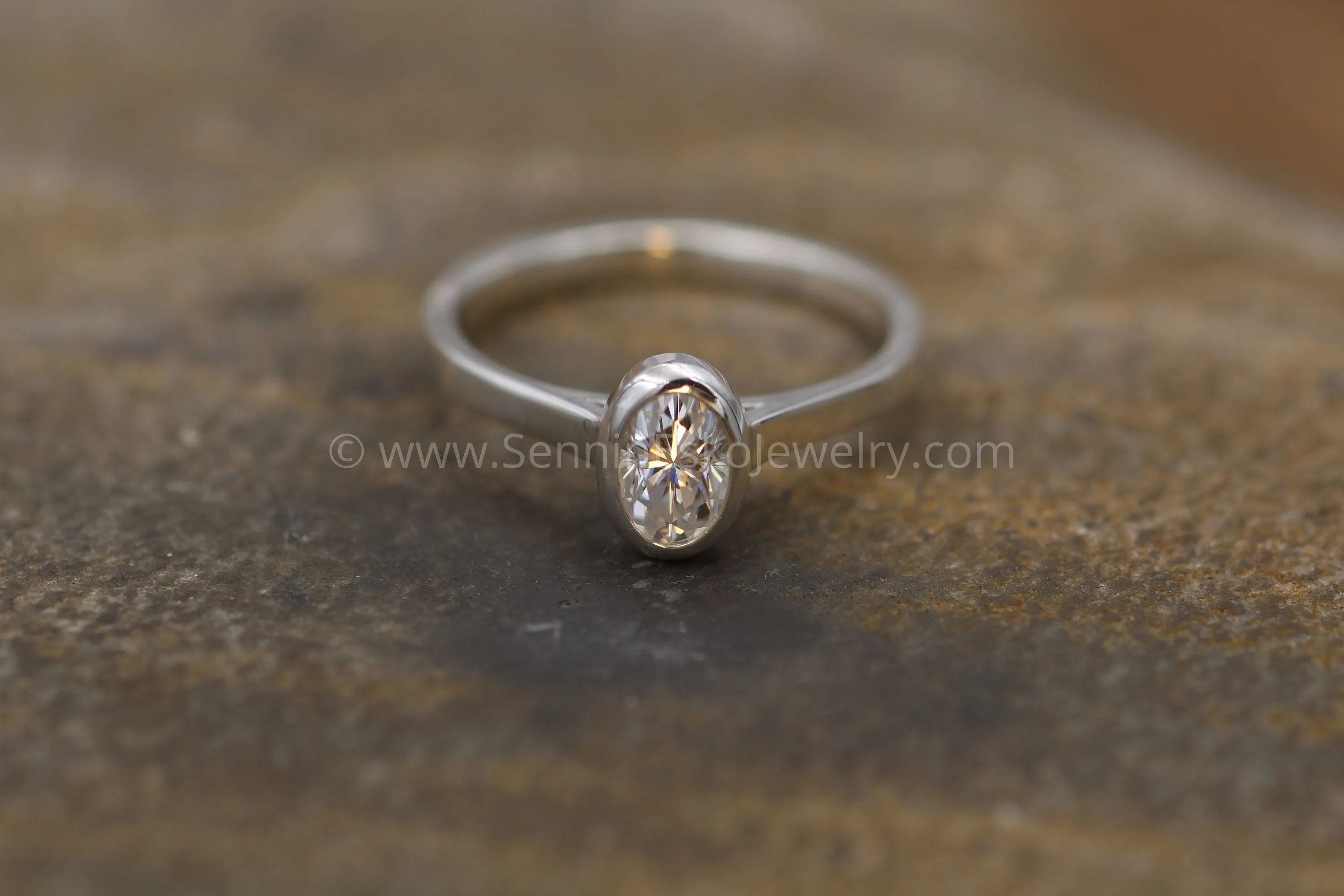 Colorless Moissanite 4x6mm Oval Peekaboo Bezel Solitaire Ring -  Forever One Moissanite - Glossy Moissanite Ring - Moissanite Solitaire