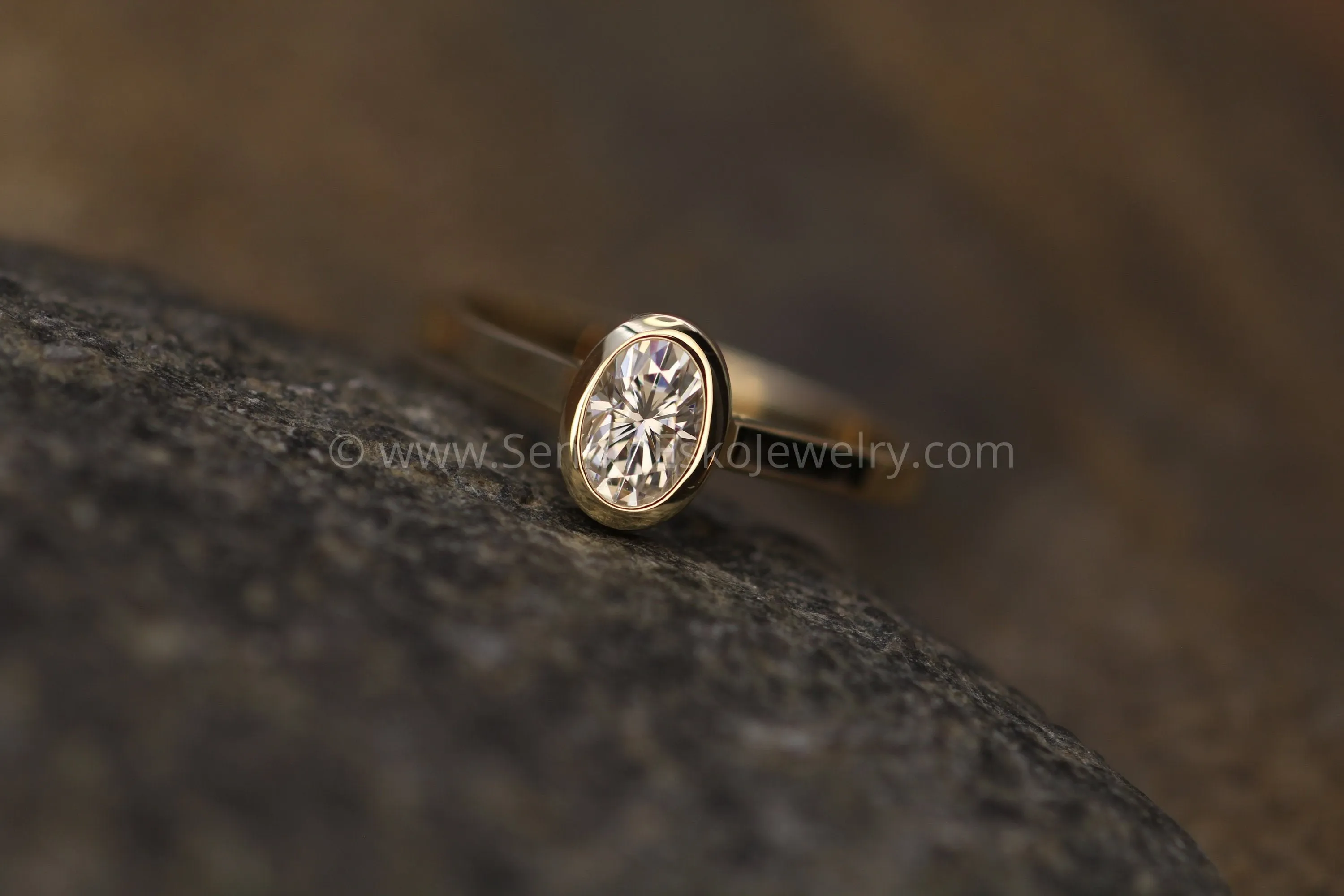 Colorless Moissanite 4x6mm Oval Peekaboo Bezel Solitaire Ring -  Forever One Moissanite - Glossy Moissanite Ring - Moissanite Solitaire