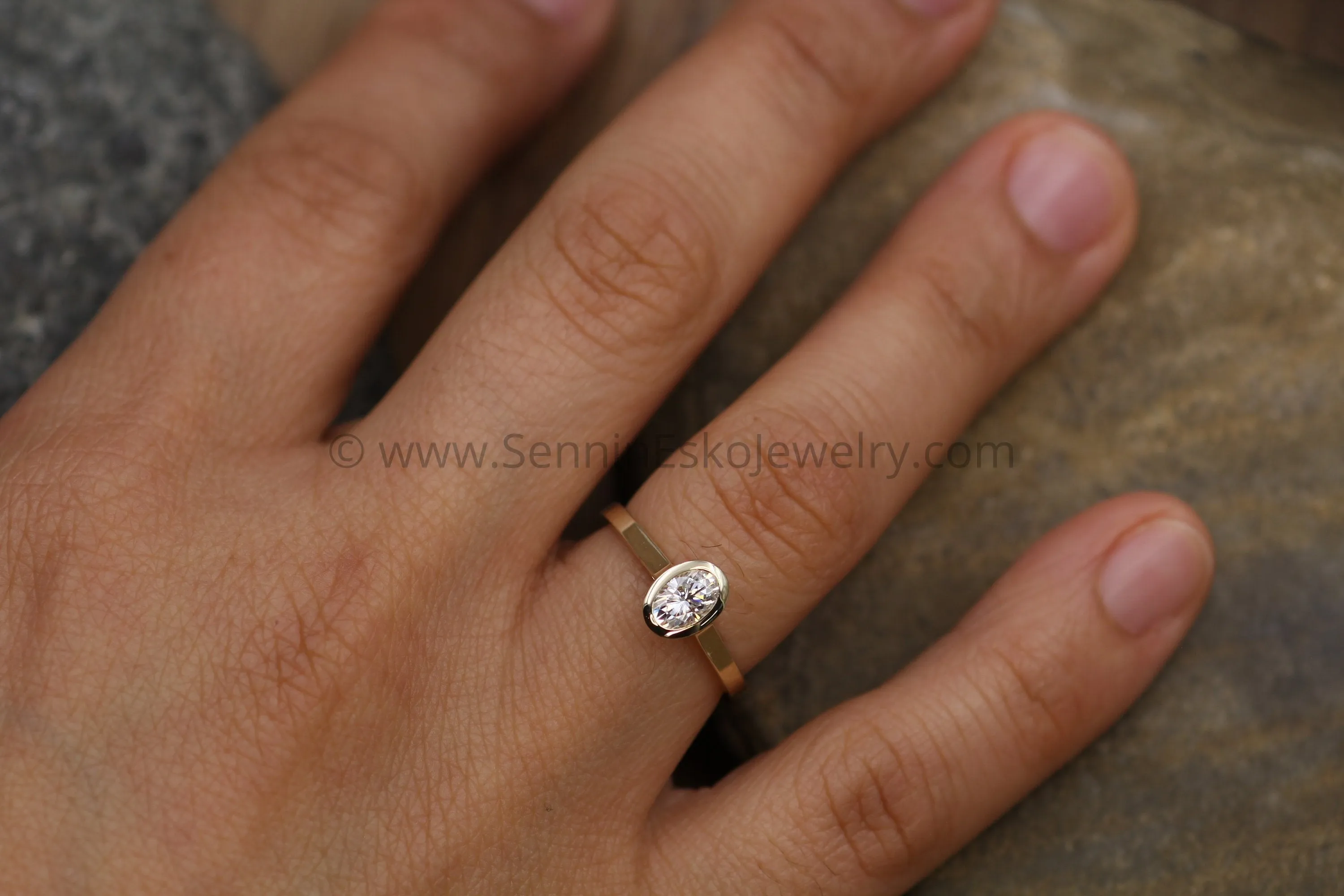 Colorless Moissanite 4x6mm Oval Peekaboo Bezel Solitaire Ring -  Forever One Moissanite - Glossy Moissanite Ring - Moissanite Solitaire