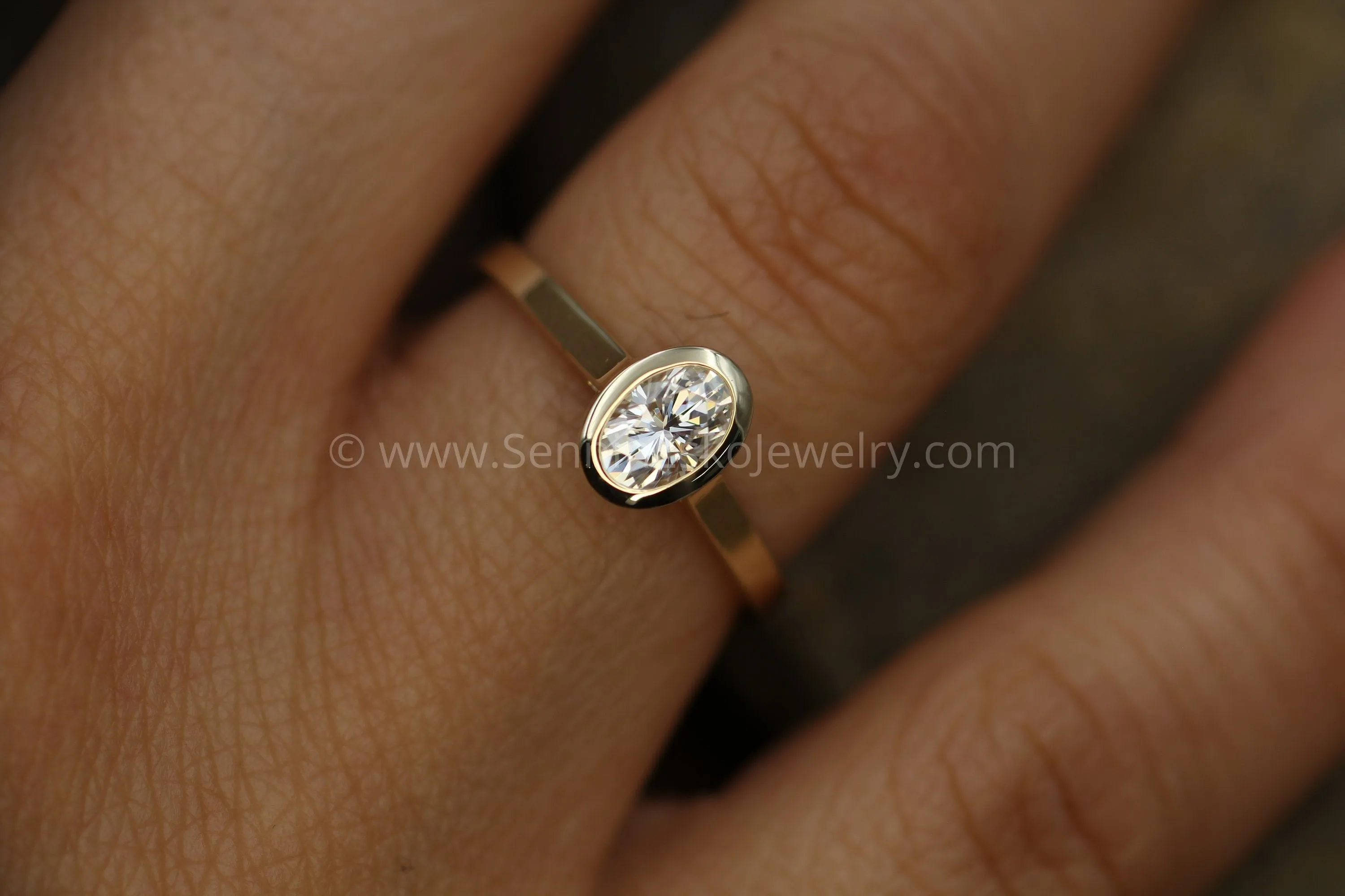 Colorless Moissanite 4x6mm Oval Peekaboo Bezel Solitaire Ring -  Forever One Moissanite - Glossy Moissanite Ring - Moissanite Solitaire