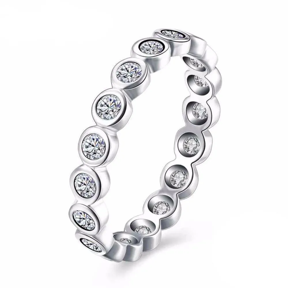 Crystal Beads Sterling Silver Ring - Bubble Detailing with Cubic Zirconia Stones - Classic Band rings