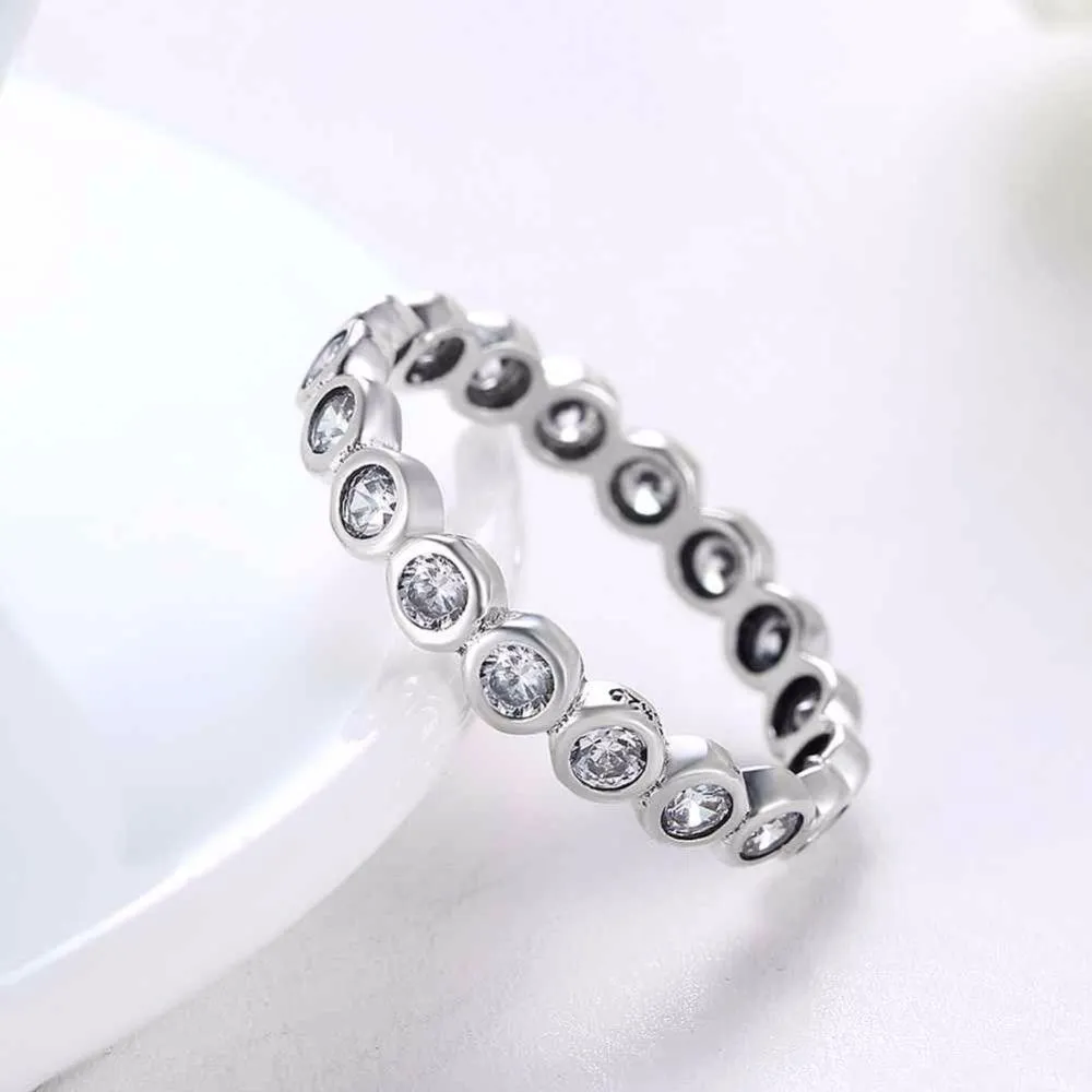Crystal Beads Sterling Silver Ring - Bubble Detailing with Cubic Zirconia Stones - Classic Band rings