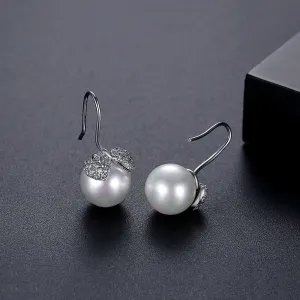 Cubic Zirconia & Pearl Silver-Plated Heart Leaf Drop Earrings