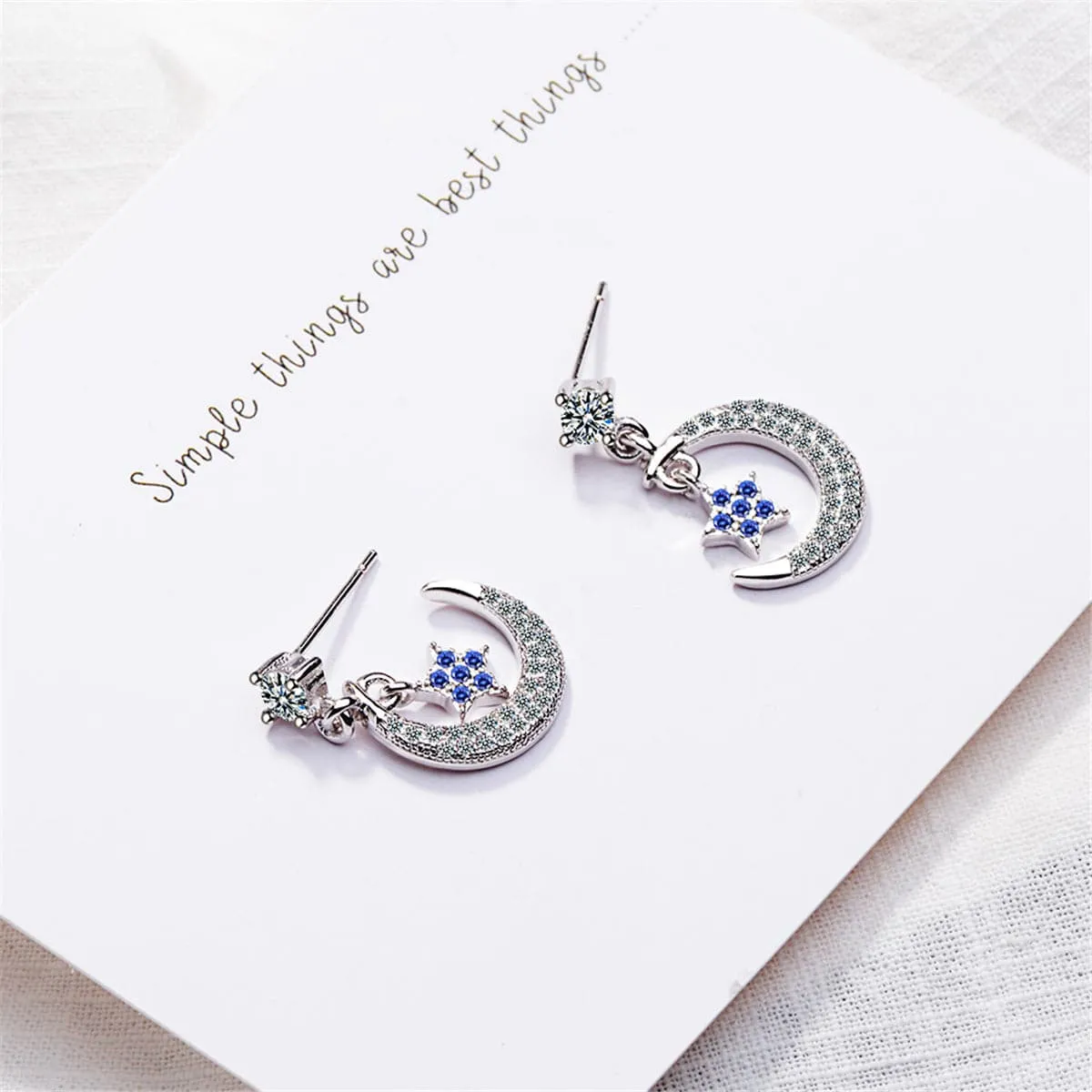 Cubic Zirconia & Silver-Plated Blue Star & Crescent Drop Earrings