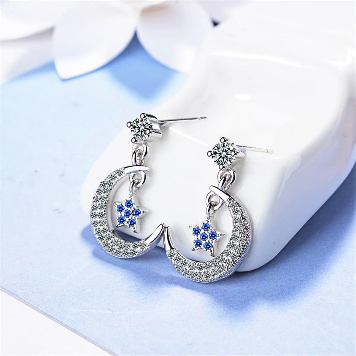 Cubic Zirconia & Silver-Plated Blue Star & Crescent Drop Earrings