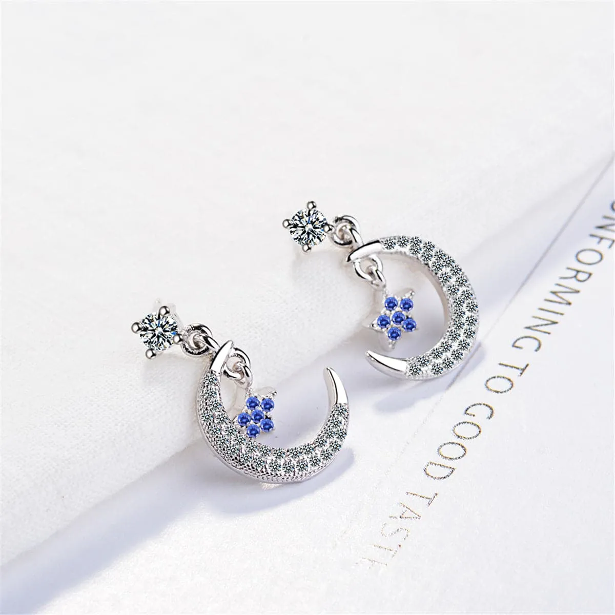 Cubic Zirconia & Silver-Plated Blue Star & Crescent Drop Earrings