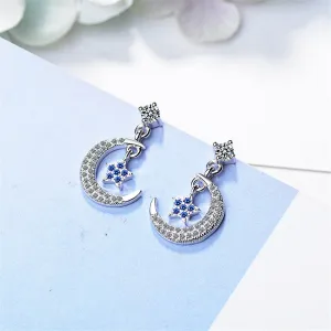 Cubic Zirconia & Silver-Plated Blue Star & Crescent Drop Earrings