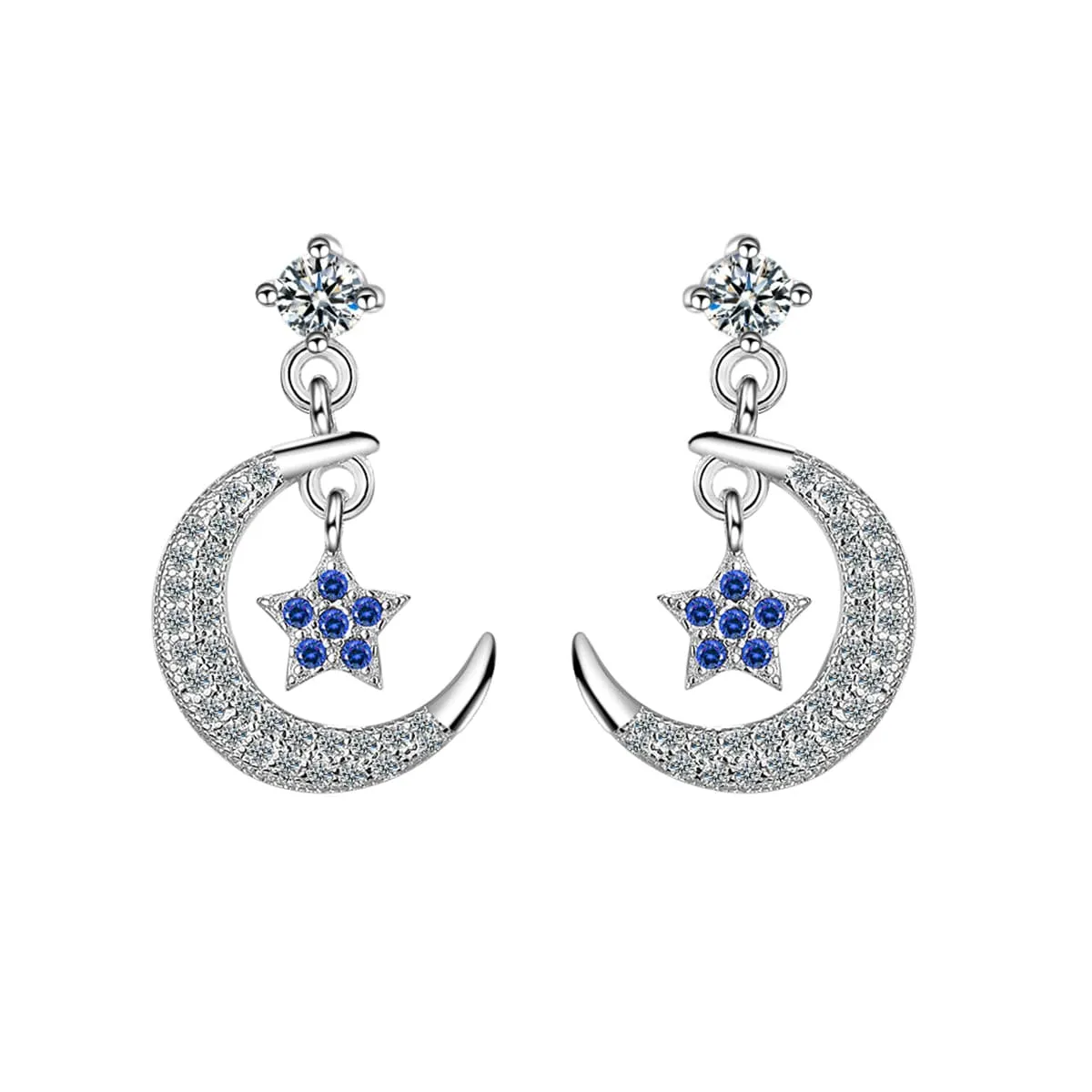 Cubic Zirconia & Silver-Plated Blue Star & Crescent Drop Earrings