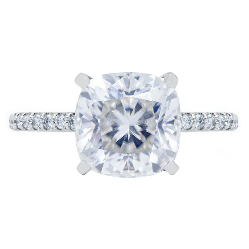 *Cushion Crushed Ice Moissanite 4 Prongs Diamond Accent Ice Solitaire Ring