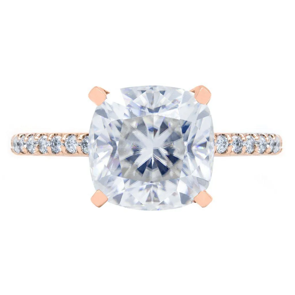 *Cushion Crushed Ice Moissanite 4 Prongs Diamond Accent Ice Solitaire Ring