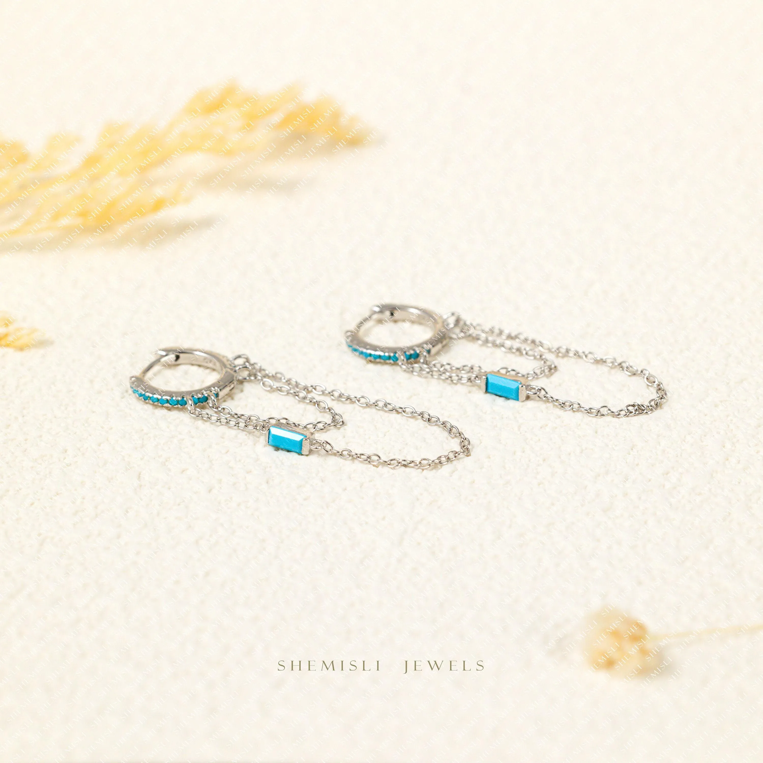 Dangle Chain Baguette Turquoise CZ Hoop Earring, Unisex, Gold, Silver SHEMISLI SH360