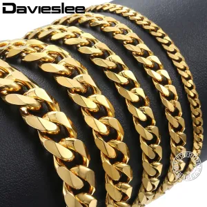 Davieslee Mens Bracelet Chain Polished Stainless Steel Silver Black Gold Chains Bracelet for Men Cuban Link 3/5/7/9/11mm KBM218