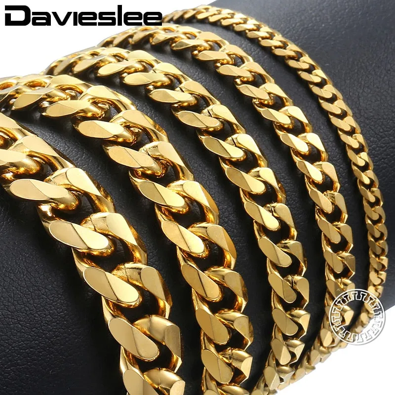 Davieslee Mens Bracelet Chain Polished Stainless Steel Silver Black Gold Chains Bracelet for Men Cuban Link 3/5/7/9/11mm KBM218