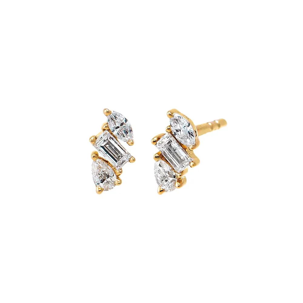 Diamond Multi Shape Mini Bar Stud Earring 14K