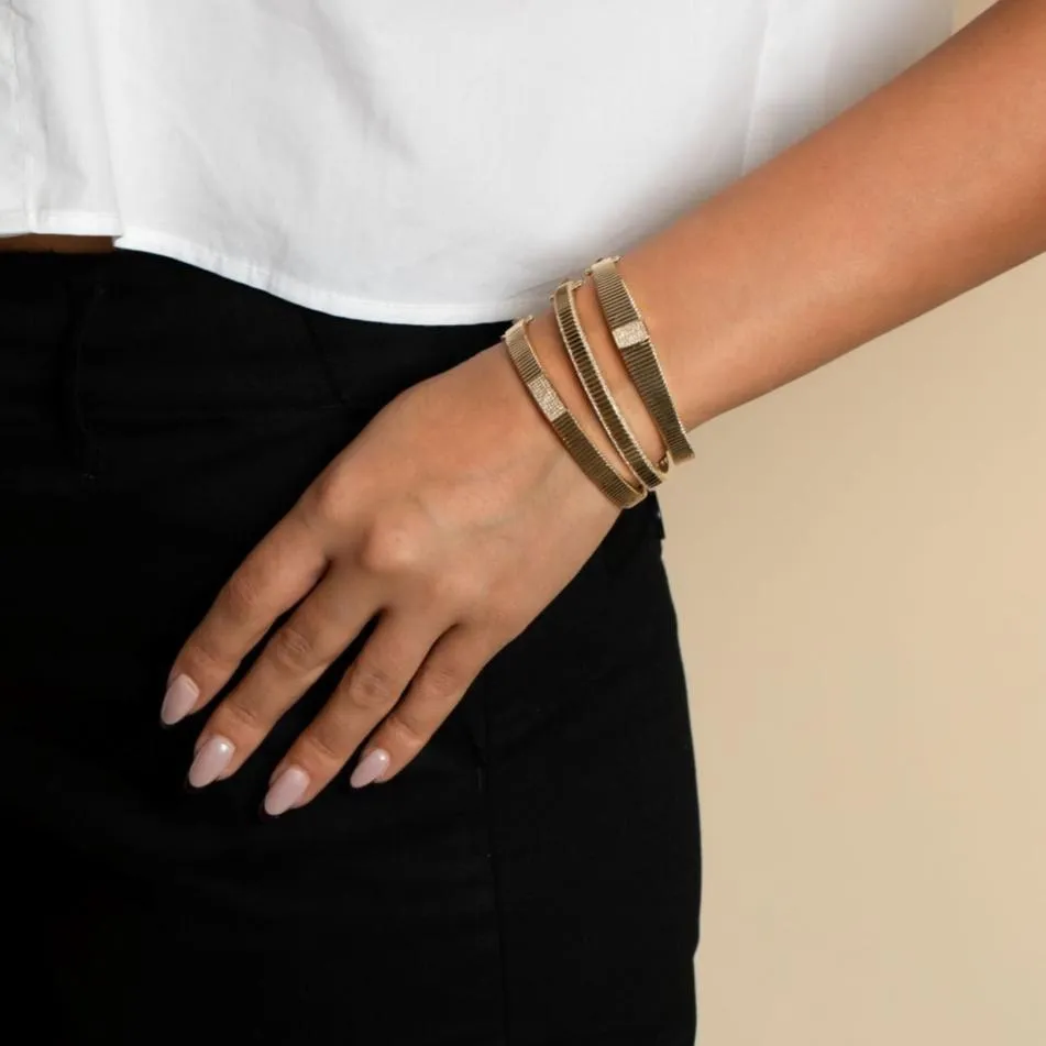 Diamond Pave Rectangle Accented Ridged Bangle 14K