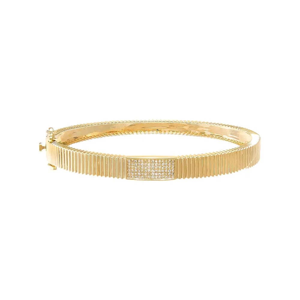 Diamond Pave Rectangle Accented Ridged Bangle 14K