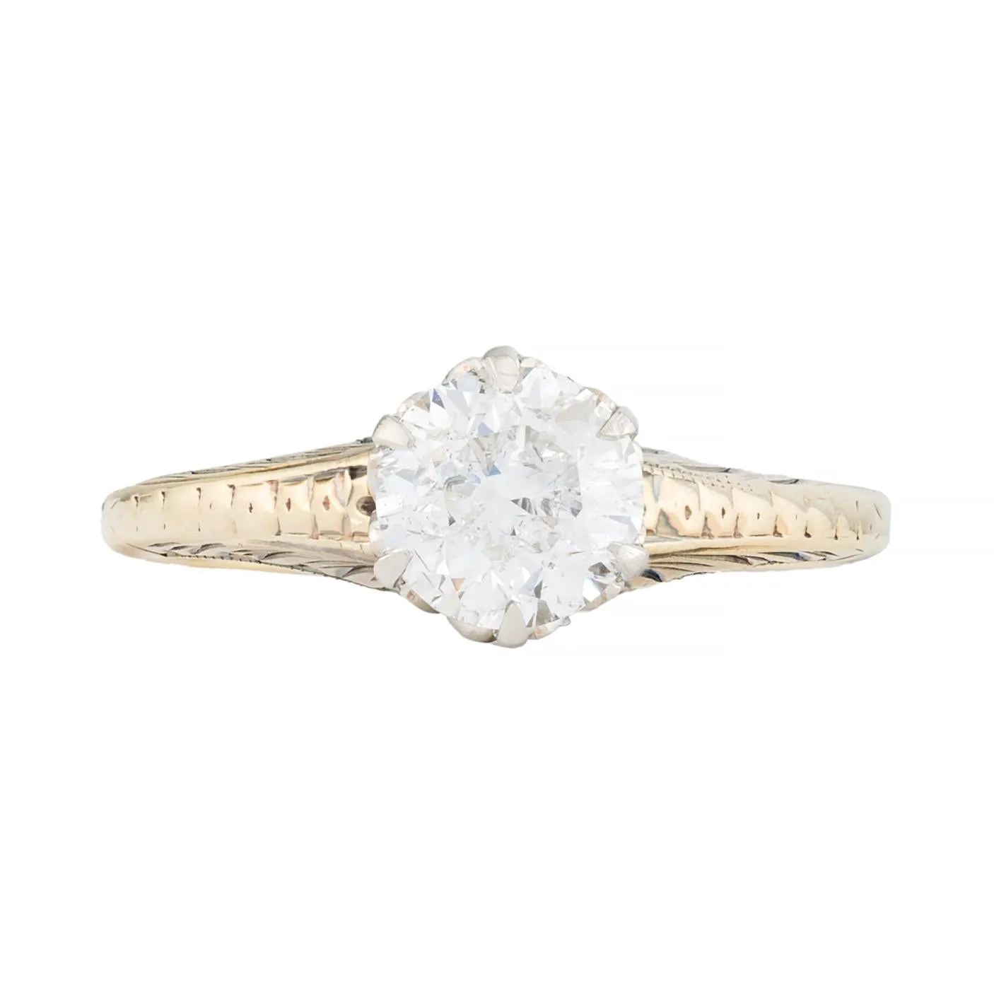 Edwardian 1.09ct Diamond Solitaire Engagement Ring in Platinum, 14K Yellow Gold