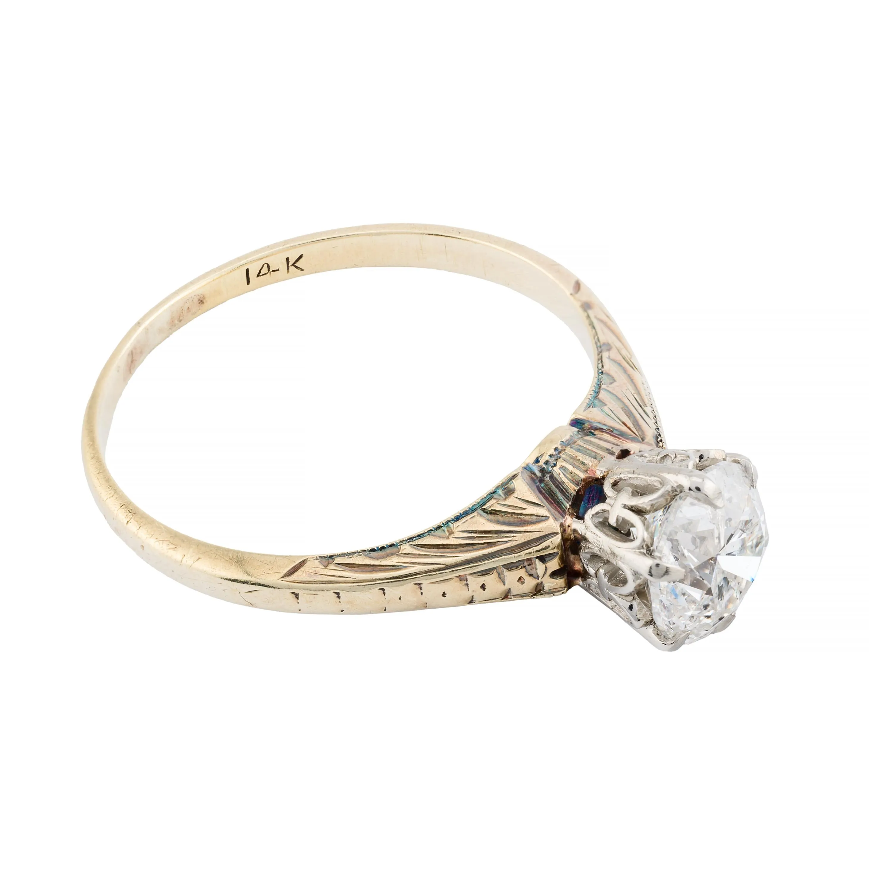 Edwardian 1.09ct Diamond Solitaire Engagement Ring in Platinum, 14K Yellow Gold