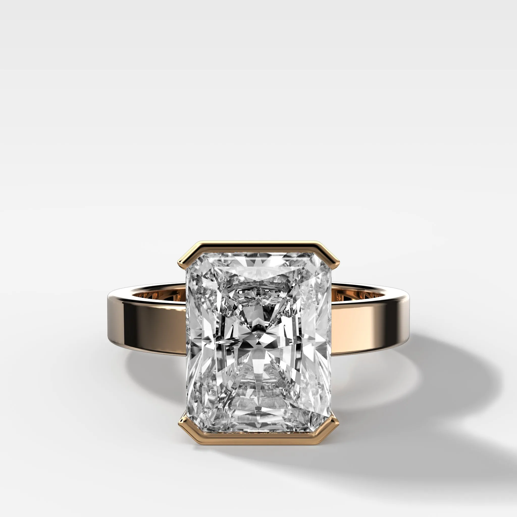 Finest Half Bezel Solitaire Engagement Ring With Elongated Radiant Cut Diamond