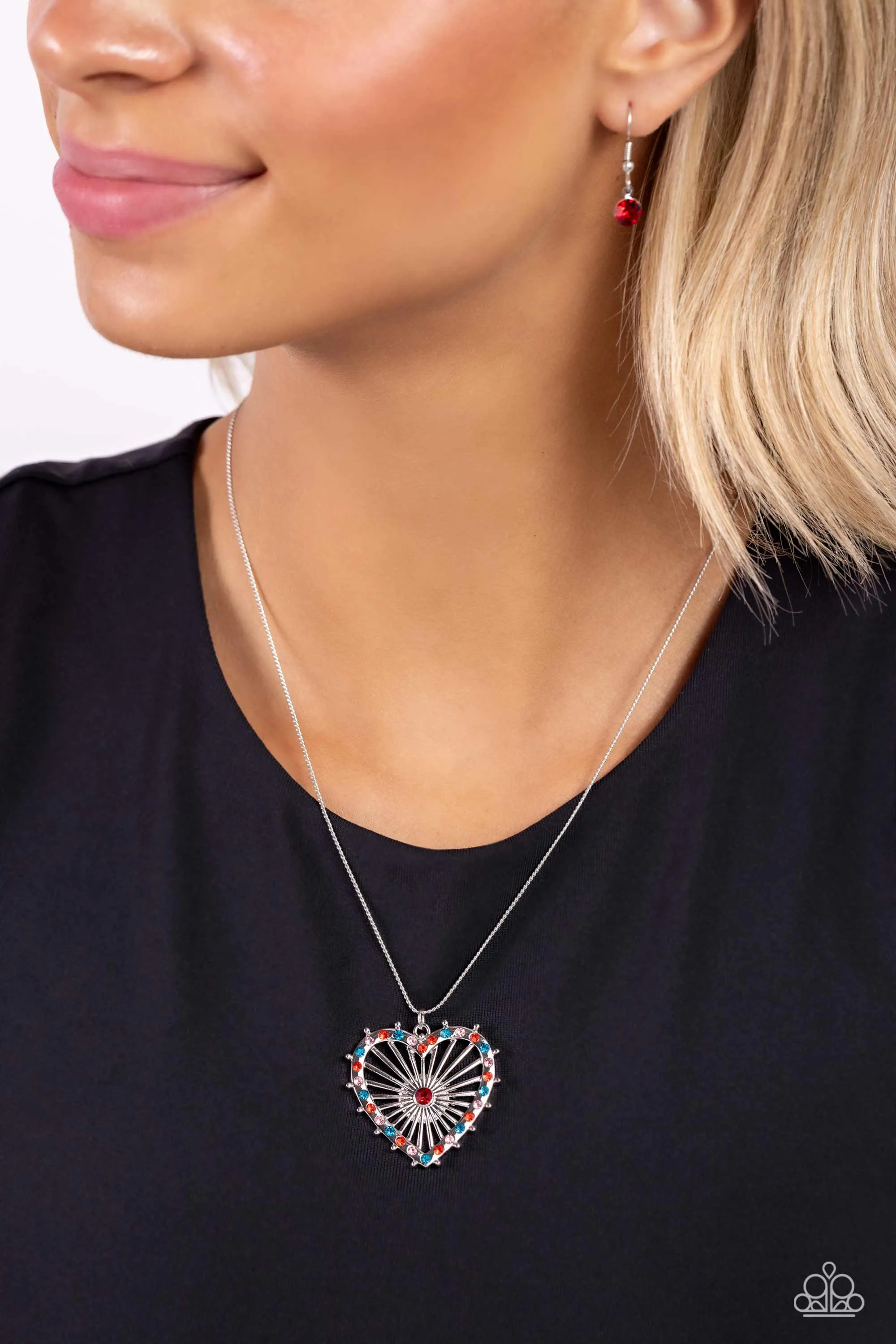 Flirting Ferris Wheel - Red - Blue, and Pink Rhinestone Heart Paparazzi Short Necklace