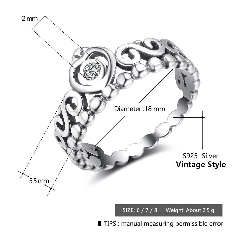 Genuine 925 Sterling Silver Rings for Women – Vintage Crown Finger Ring – Anniversary Jewelry Gifts