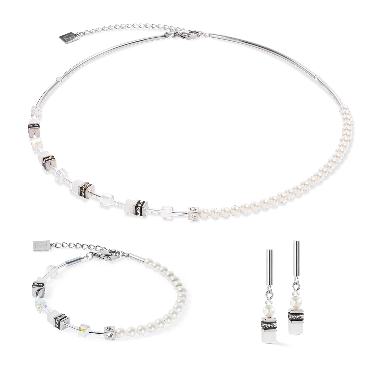 GeoCUBE® Mini Fusion Pearls Earrings silver-white