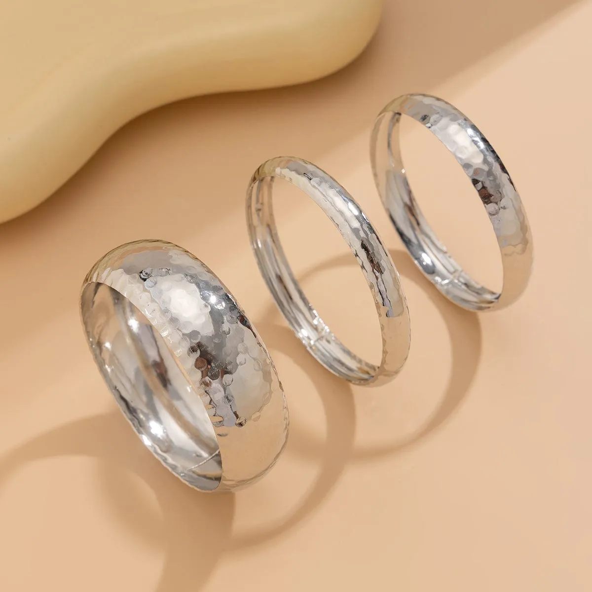 Geometric 3pcs Hammered Wide Cuff Bangle Bracelet Set