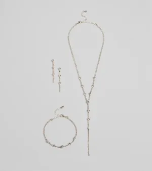 Glam Rhinestone Lariat Necklace, Bracelet, And Earrings Set