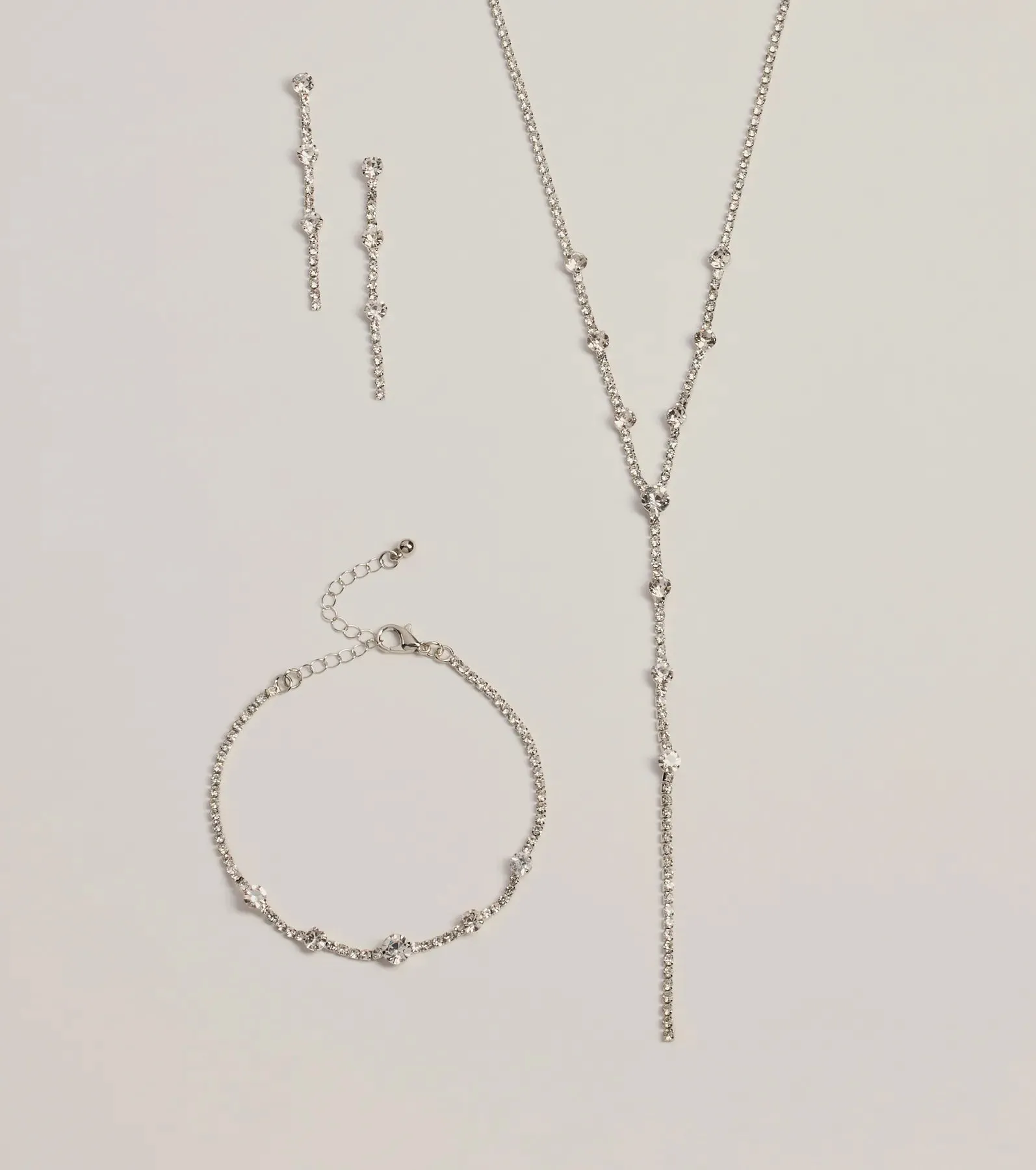 Glam Rhinestone Lariat Necklace, Bracelet, And Earrings Set