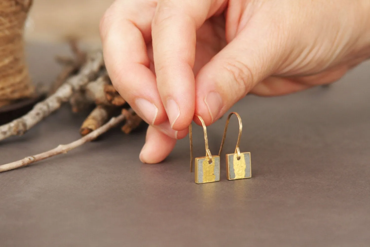 Gold & concrete square gold-leaf dangle earrings