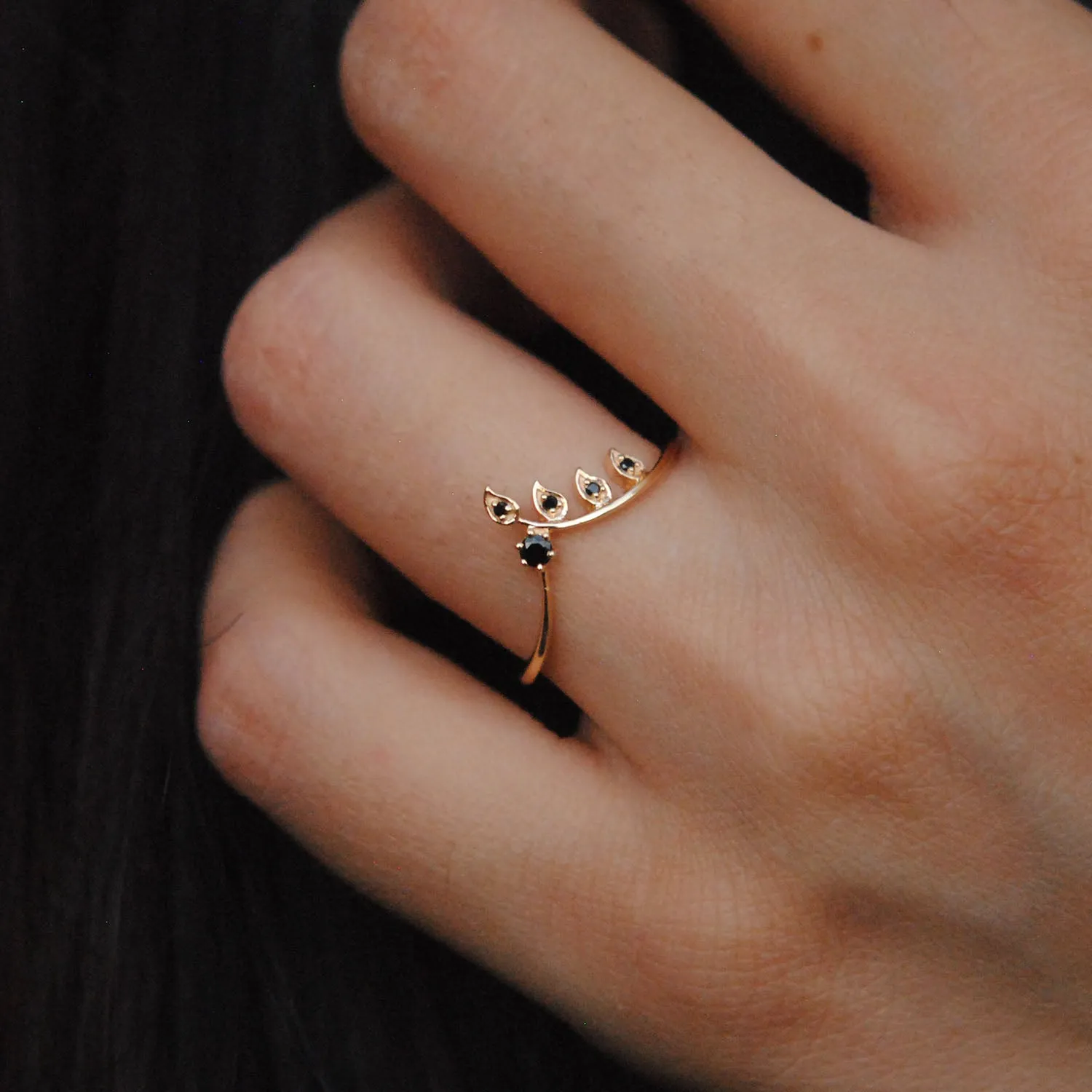 Gold and Black Diamond Leaf Chevron Stack Ring