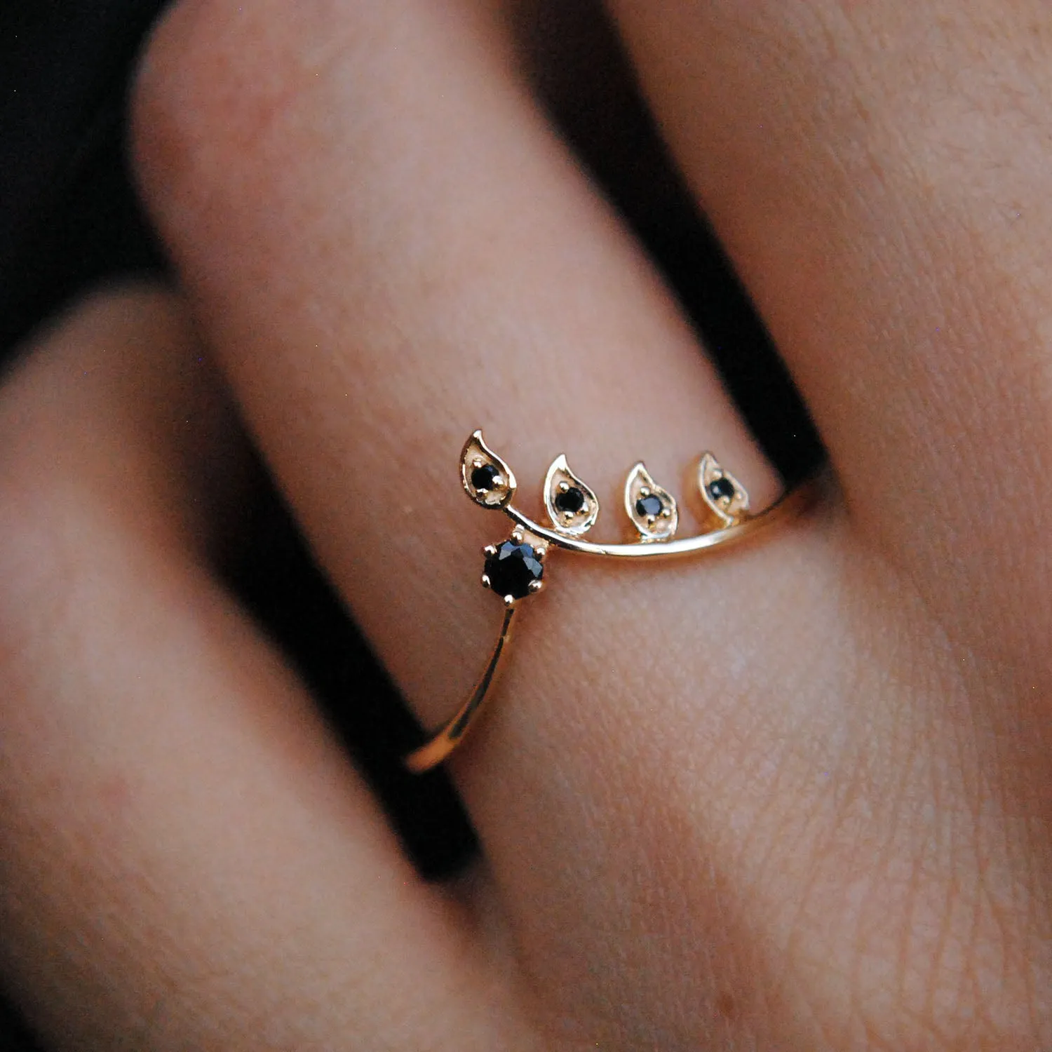 Gold and Black Diamond Leaf Chevron Stack Ring